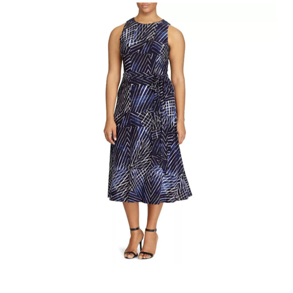 RALPH RL LAUREN NAVY BLUE JERSY STRIPED Abstract Fit N Flare DRESS SIZE 6 CAREER - Picture 1 of 10